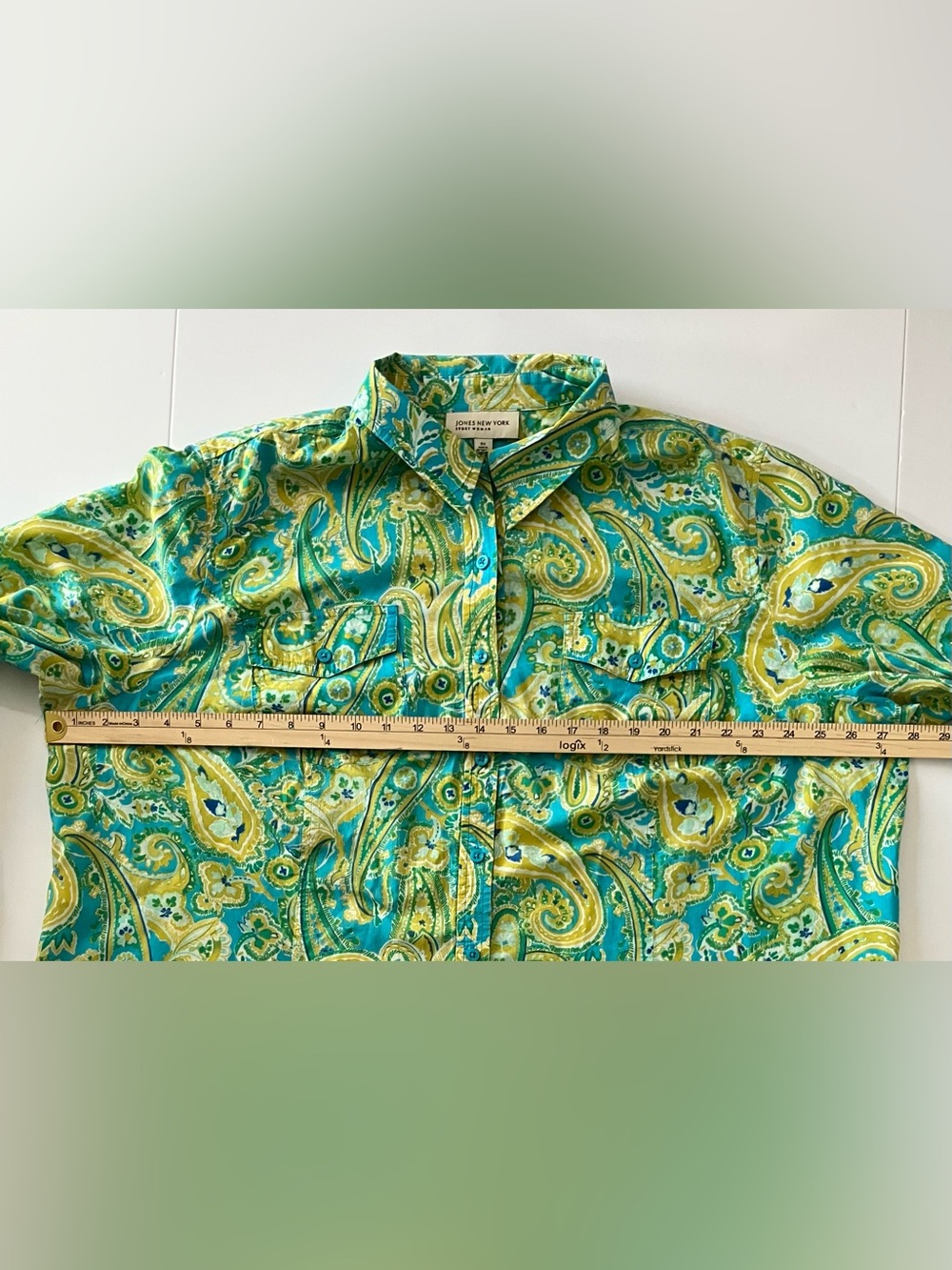 Jones New York Top 3X Blue Green Button Down Paisley Preppy Office Cotton - Picture 10 of 10